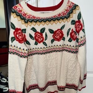 Cream Floral Rose Cable-Knit Sweater - Women